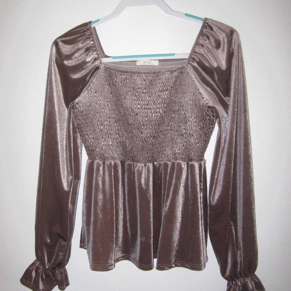 RJ-220 bronze velour women's shirred top peplum style